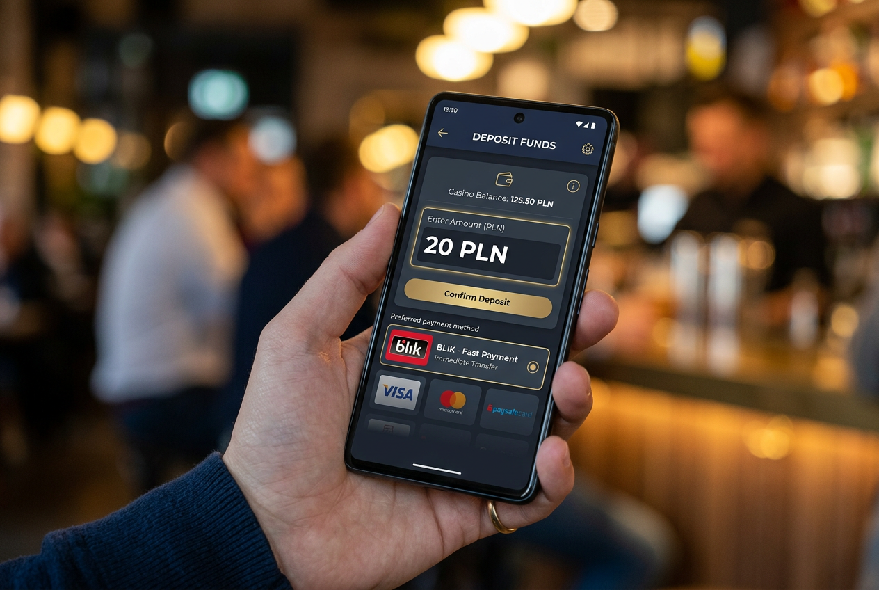 Interfejs mobilny wpłaty BLIK w kasynie online z kwotą 20 PLN