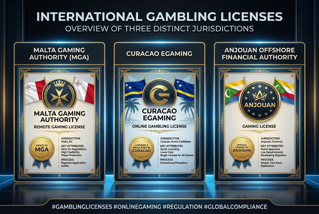 Porównanie licencji kasyn online MGA, Curacao i Anjouan na eleganckich dokumentach
