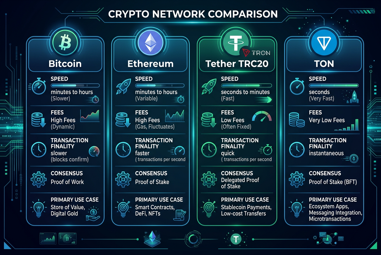 Infografika porównująca sieci kryptowalutowe BTC ETH USDT TON pod względem szybkości i opłat