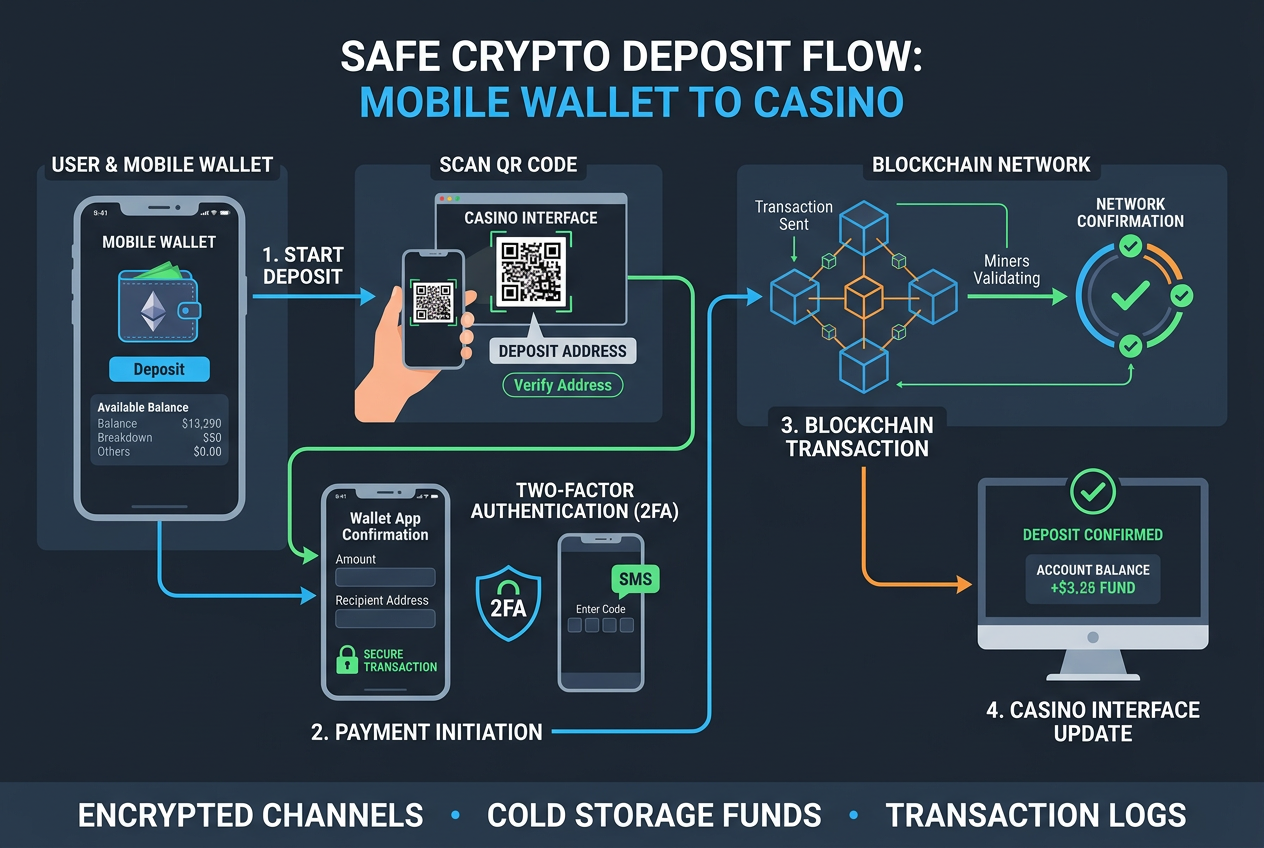 Schemat bezpiecznej wpłaty kryptowalut do kasyna z uwzględnieniem portfela i 2FA
