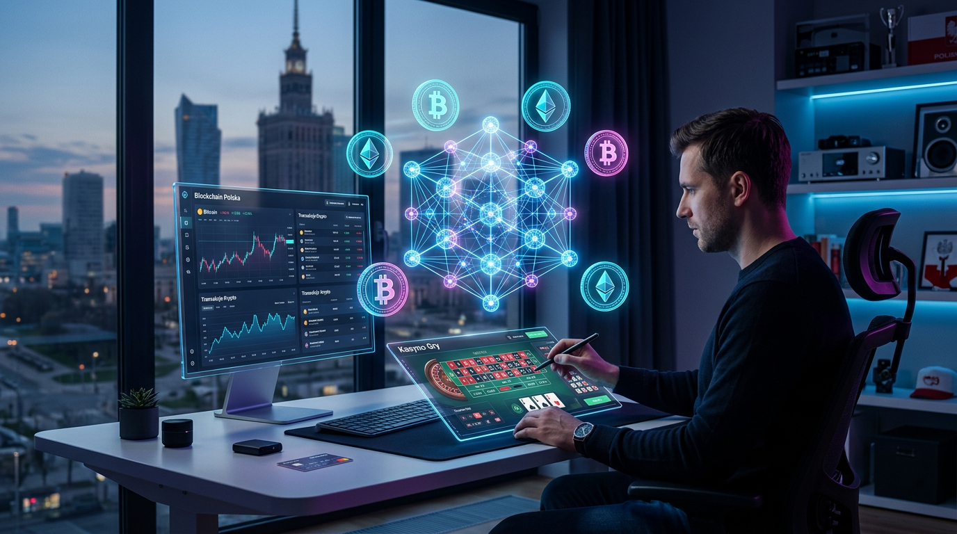 Futurystyczna wizualizacja technologii blockchain i kryptowalut w kontekście nowoczesnego hazardu online