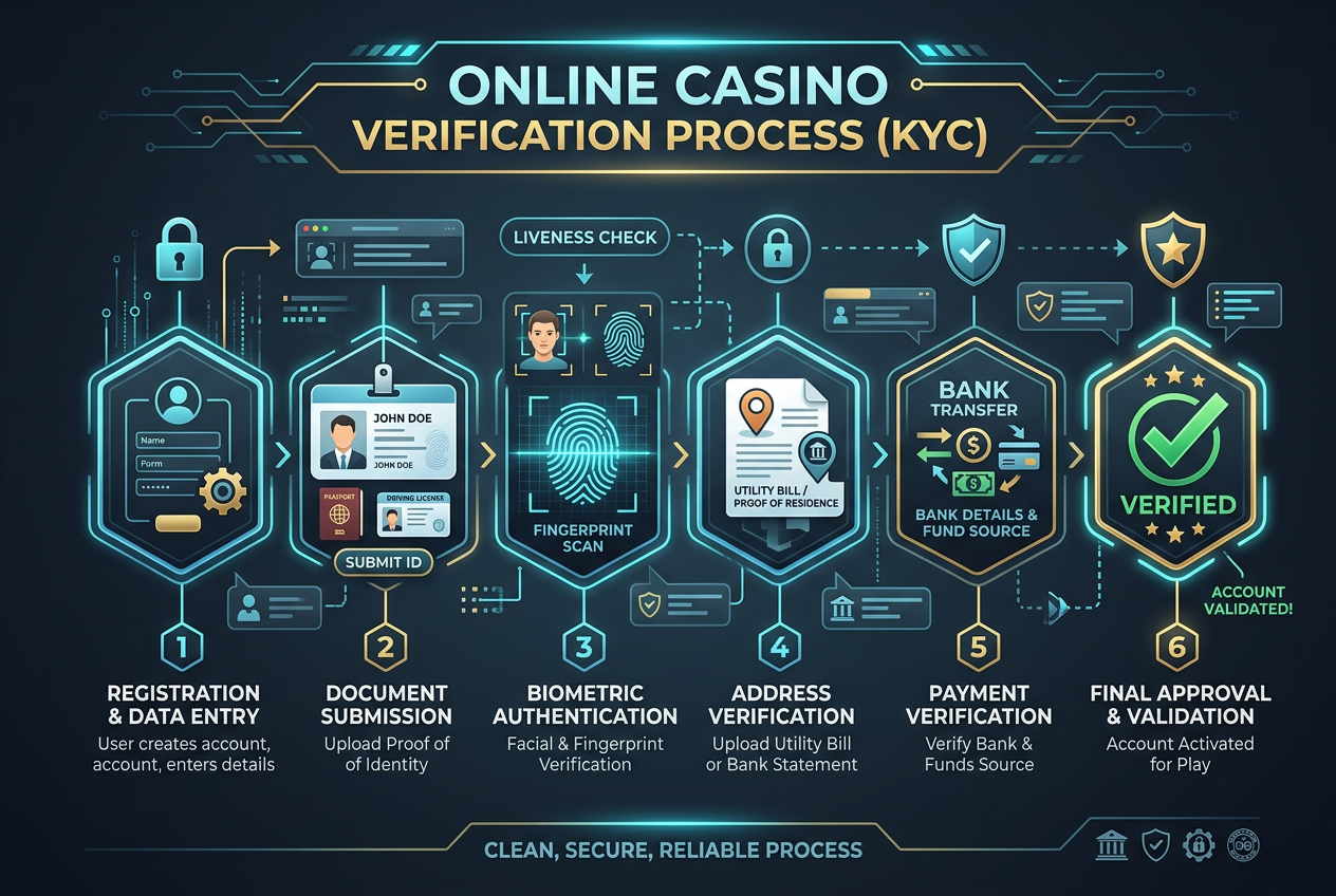 Infografika przedstawiająca proces weryfikacji KYC i audytu finansowego kasyna