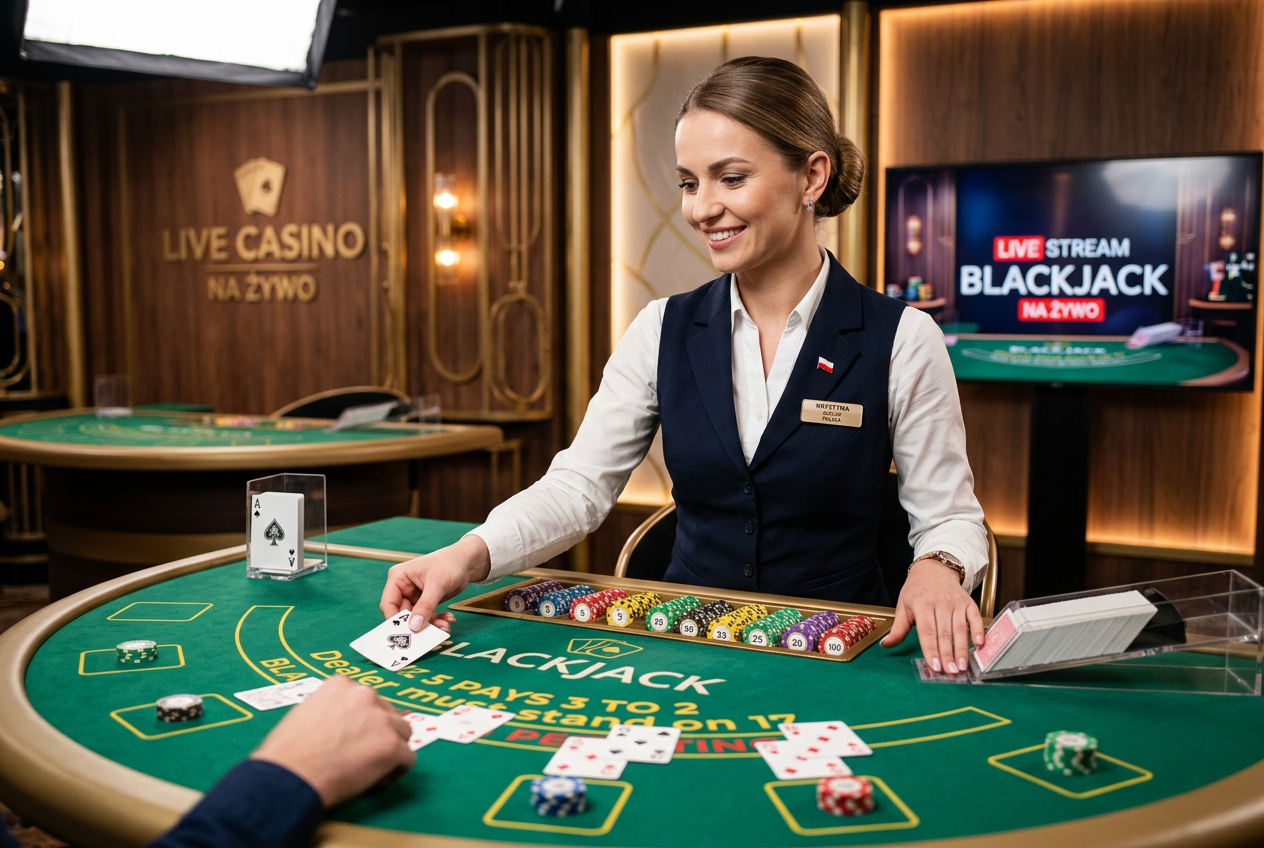 Profesjonalny polski krupier przy stole do blackjacka w studiu transmisji na żywo