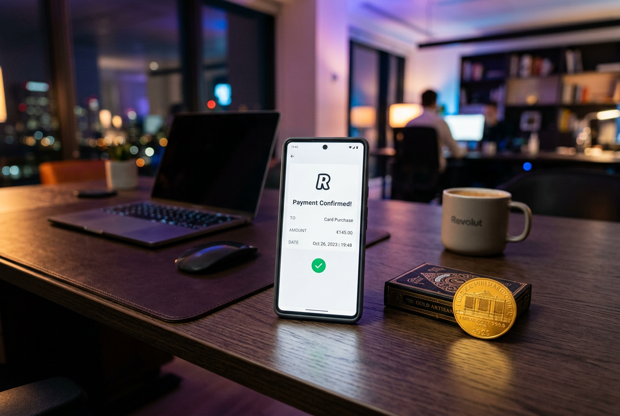 Zbliżenie na smartfon z aplikacją Revolut obok laptopa z widocznym panelem kasyna online w nowoczesnym biurze.